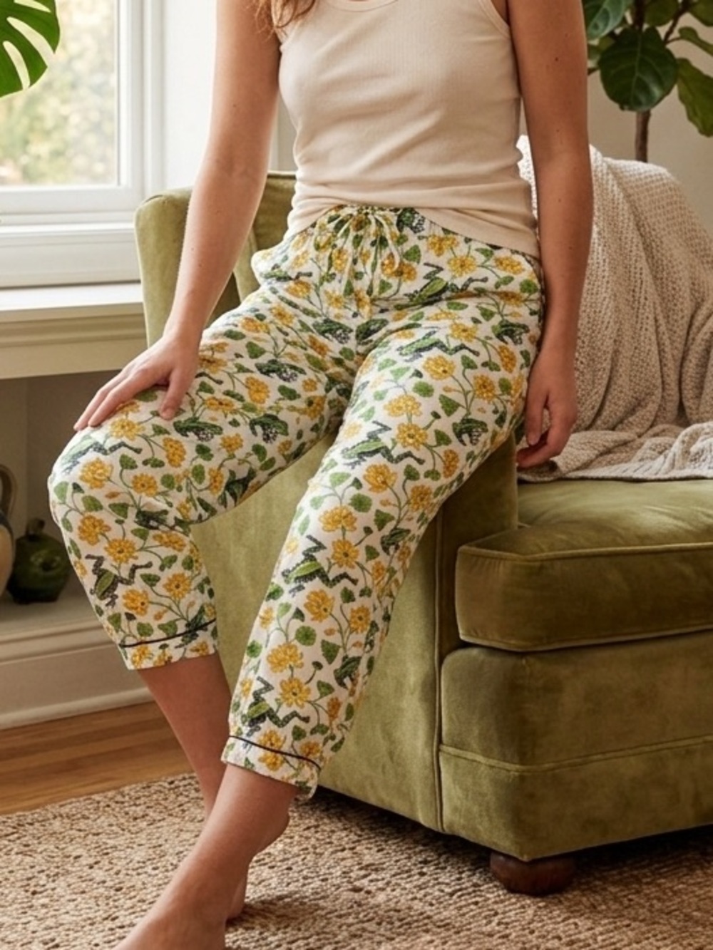 Printfresh Frog & Floral Print Cropped Organic Cotton Pajama Pants SIZE SMALL